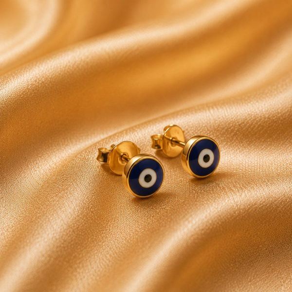 Gold stud earrings with evil eye detail